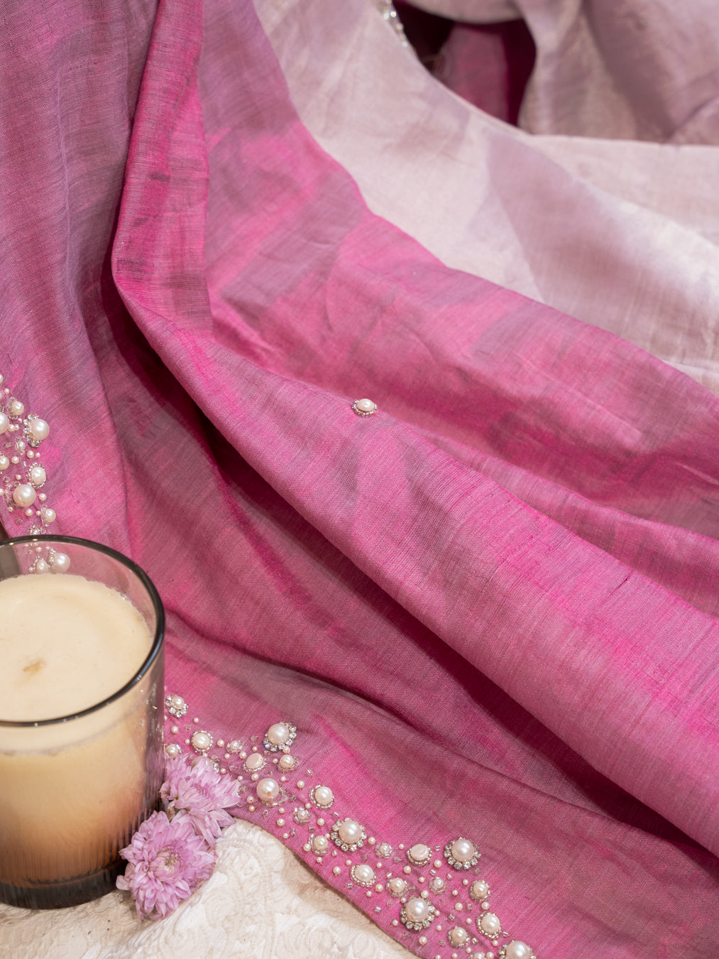 Pink and Silver Chanderi Silk Half and Half Saree with Pearl Embroidered Border