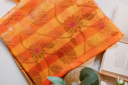 Saffron Checks Real Zari Kota Saree with Jaal