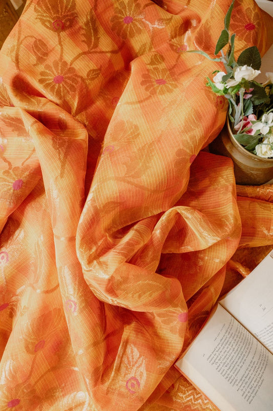 Saffron Checks Real Zari Kota Saree with Jaal