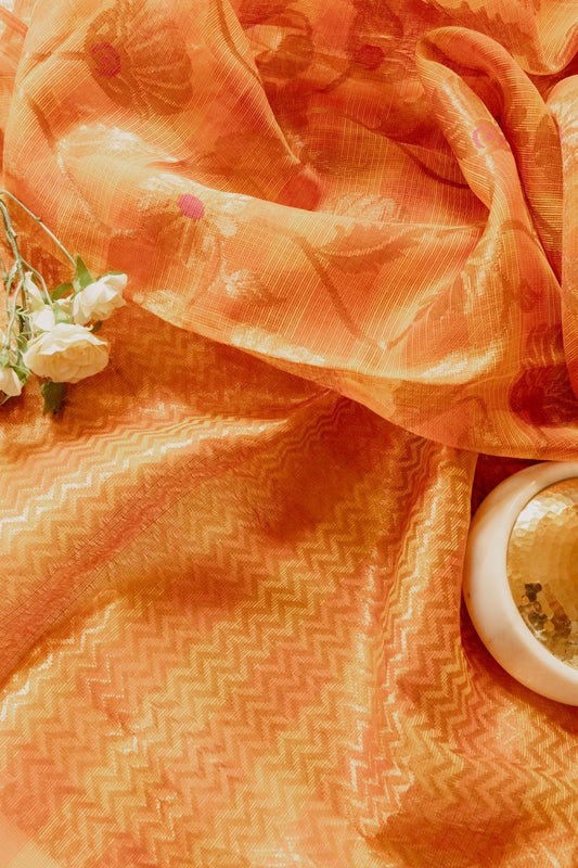 Saffron Checks Real Zari Kota Saree with Jaal