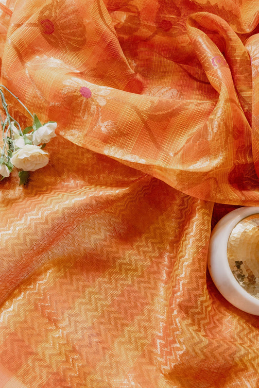 Saffron Checks Real Zari Kota Saree with Jaal
