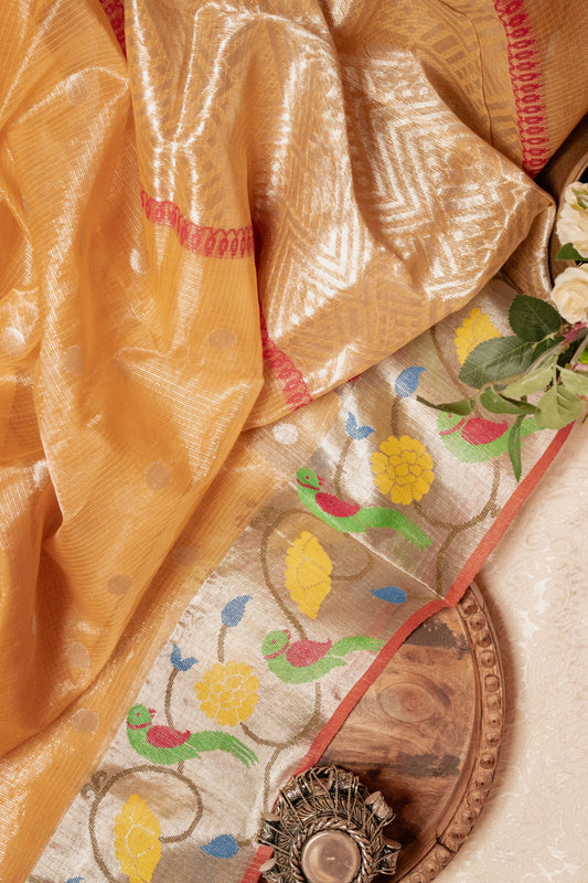 Beige Maroon Kota Handloom Sari  Paithani Zari Border