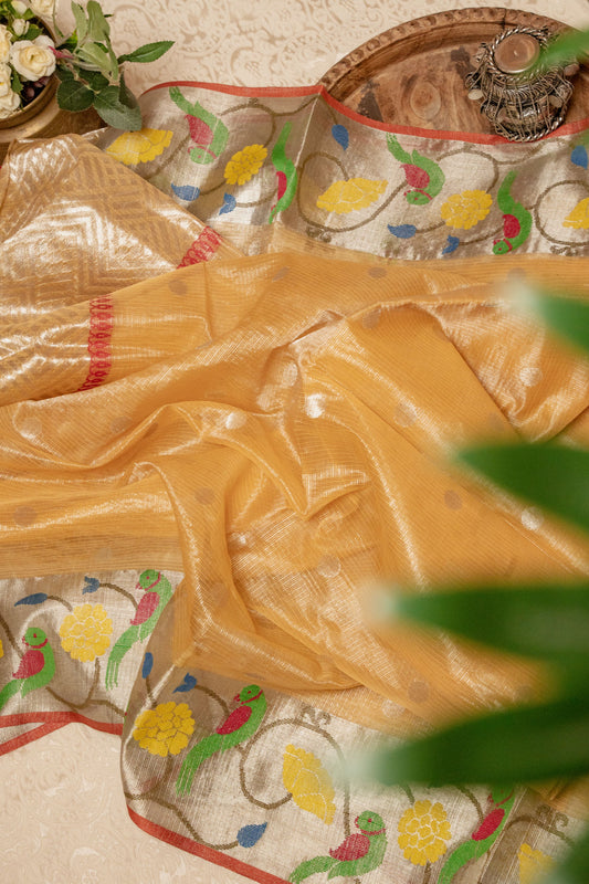 Mustard Maroon Kota Handloom Sari  Paithani Zari Border