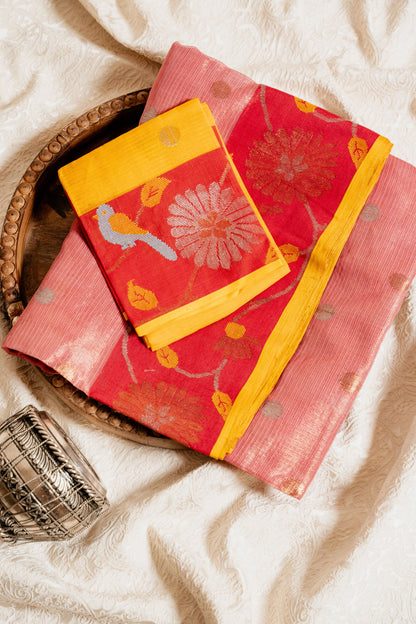 Rose Tissue Kota with Red Paithani Border