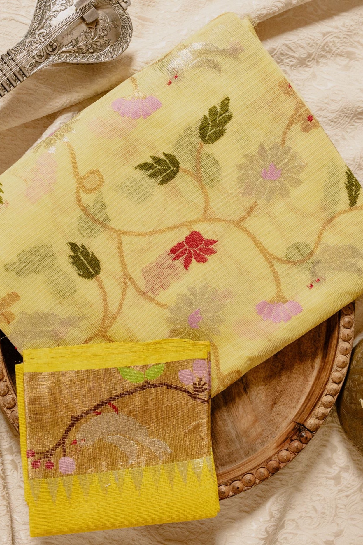 Lemon Yellow Bird Jaal Zari Kota with Paithani Border