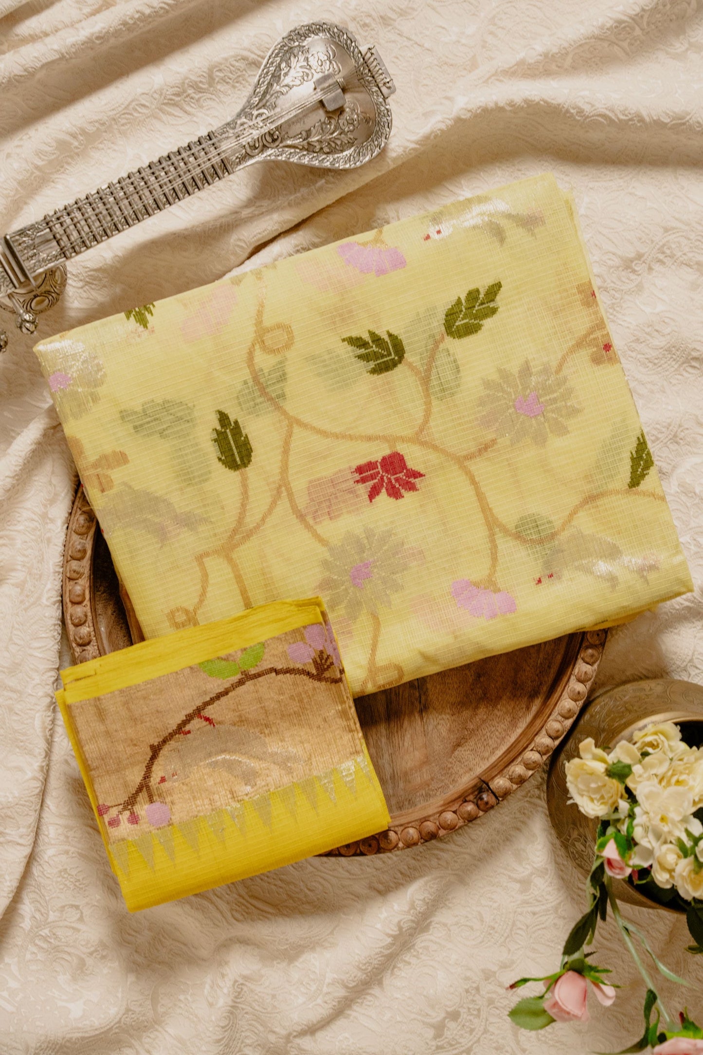 Lemon Yellow Bird Jaal Zari Kota with Paithani Border