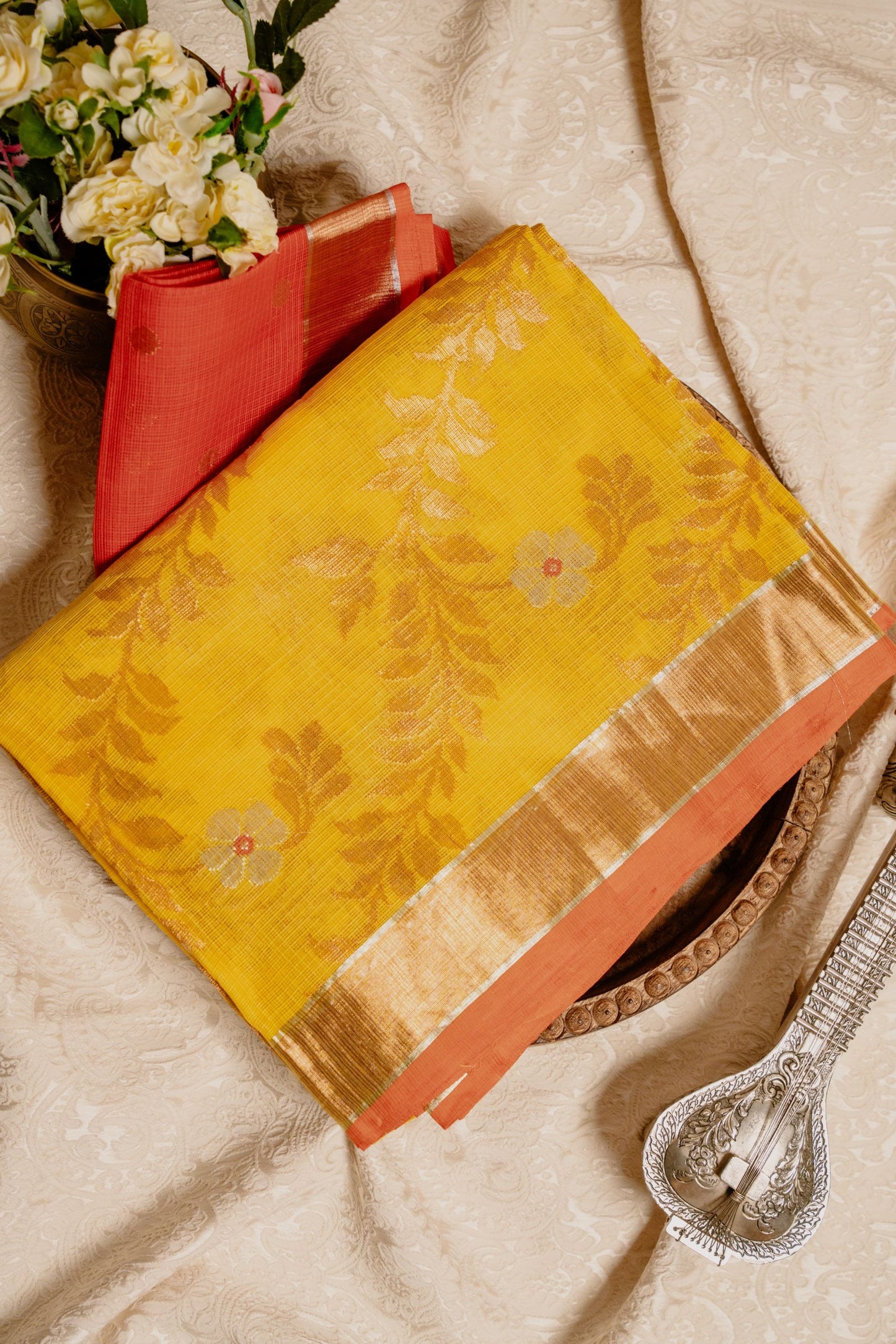 Mustard Copper-Orange Zari Kota Saree with Jaal