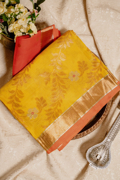 Mustard Copper-Orange Zari Kota Saree with Jaal