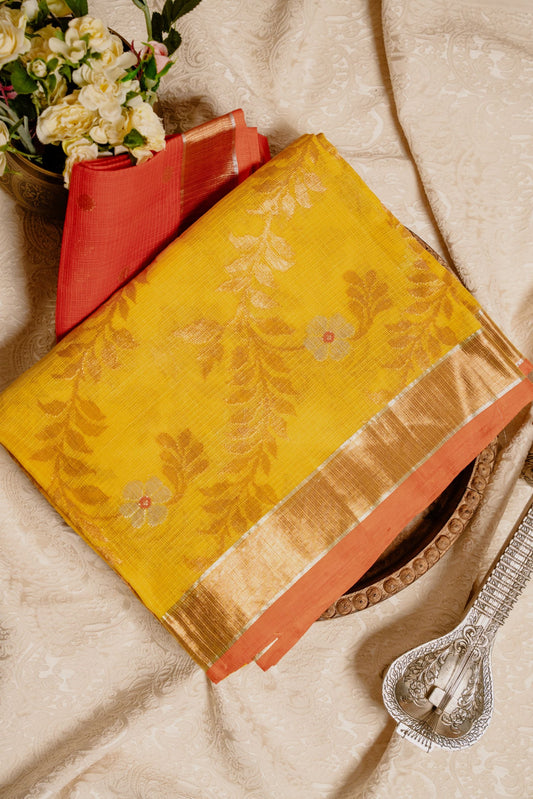 Mustard Copper-Orange Zari Kota Saree with Jaal