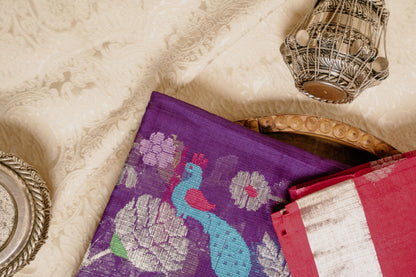 Purple Zari Kota Saree with Peacock Paithani Weave