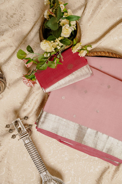 Rose Pink Zari Kota Saree with Paithani Floral