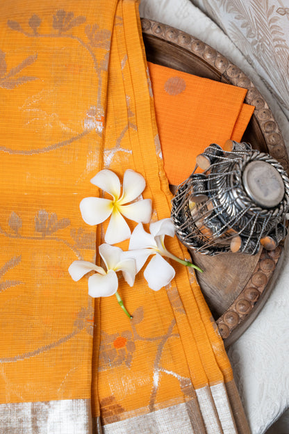 Orange Pure Kota Saree with Handwoven Butti