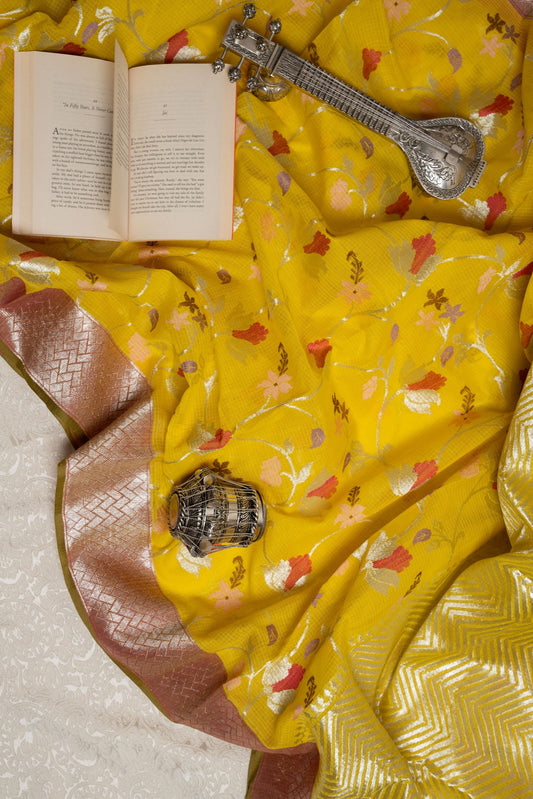 Lemon Zari Kota Saree with Floral Jamal