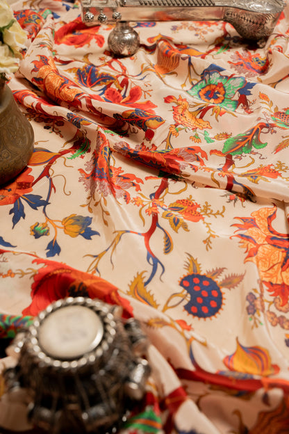 Crepe Floral Print Sari with Cutdhana Hand Embroidery