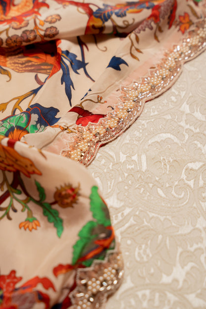 Crepe Floral Print Sari with Cutdhana Hand Embroidery