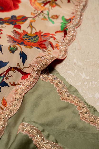 Crepe Floral Print Sari with Cutdhana Hand Embroidery