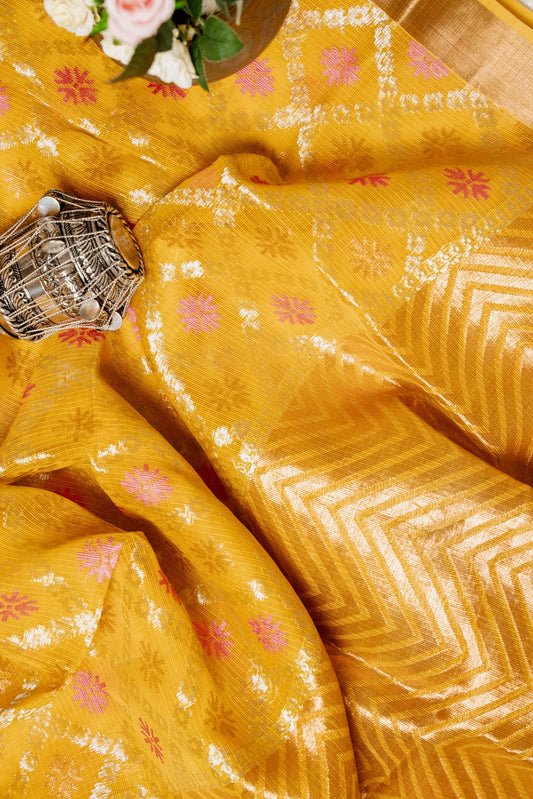 Mustard Handloom Kota Saree with Pink Butti