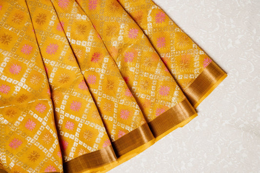 Mustard Handloom Kota Saree with Pink Butti