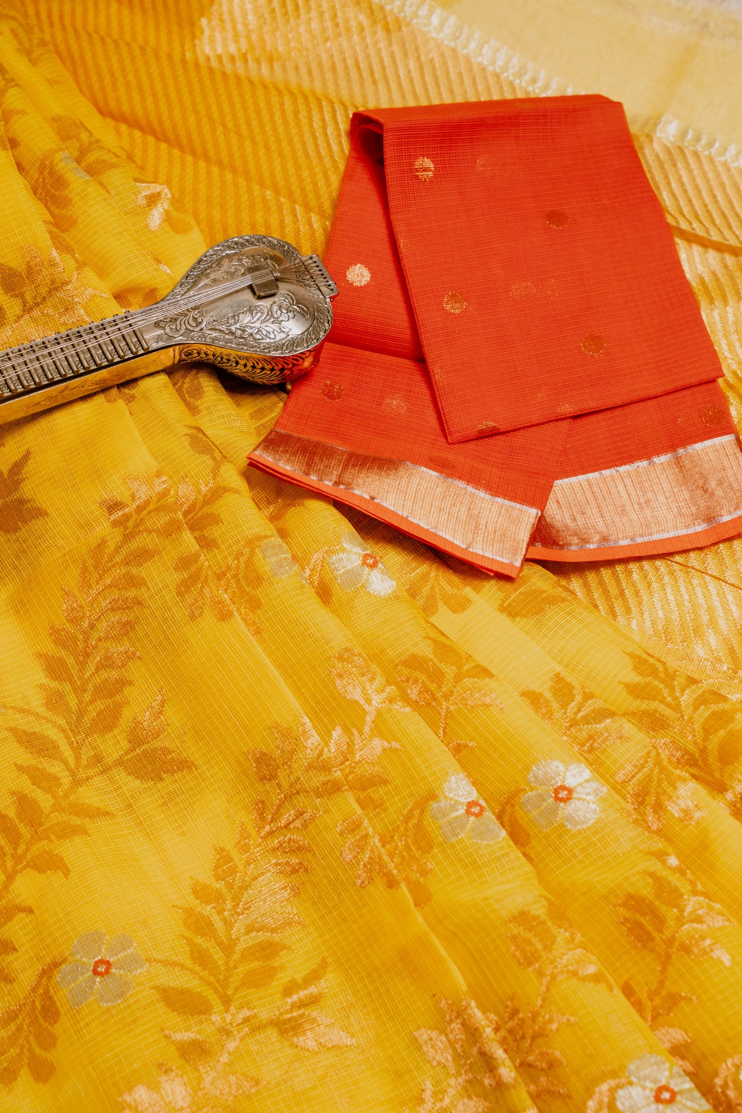 Mustard Copper-Orange Zari Kota Saree with Jaal