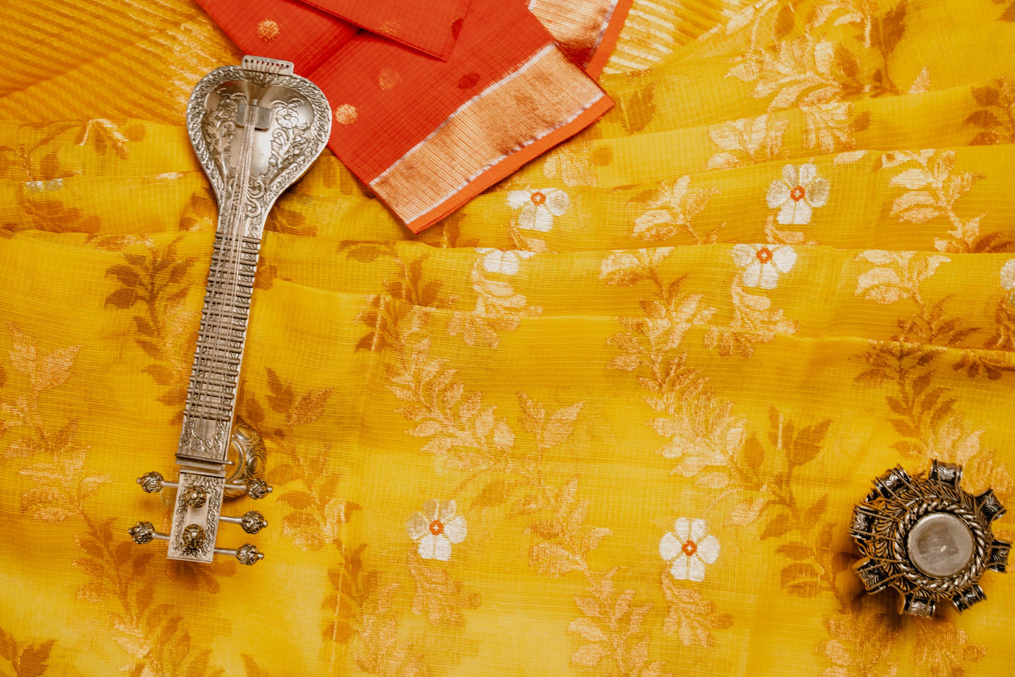 Mustard Copper-Orange Zari Kota Saree with Jaal