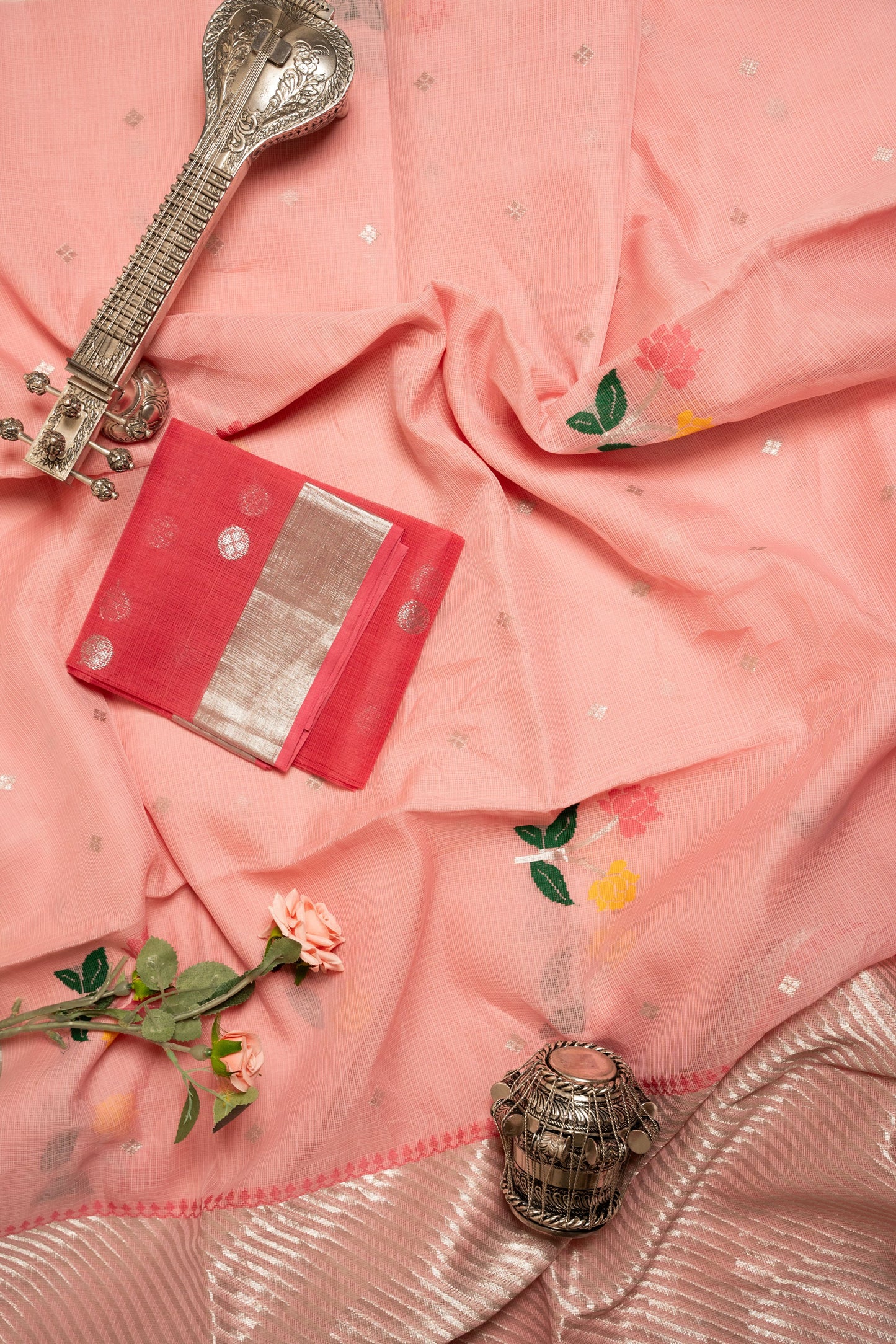Rose Pink Zari Kota Saree with Paithani Floral