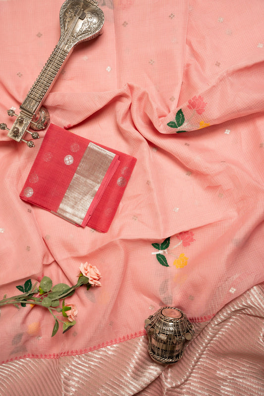 Rose Pink Zari Kota Saree with Paithani Floral