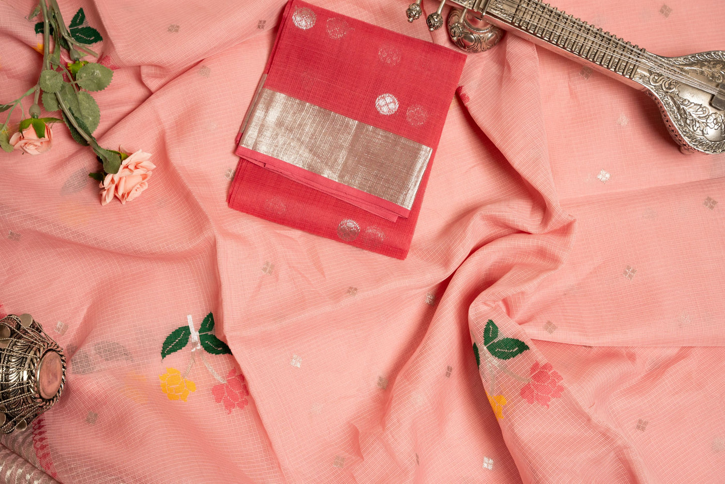 Rose Pink Zari Kota Saree with Paithani Floral