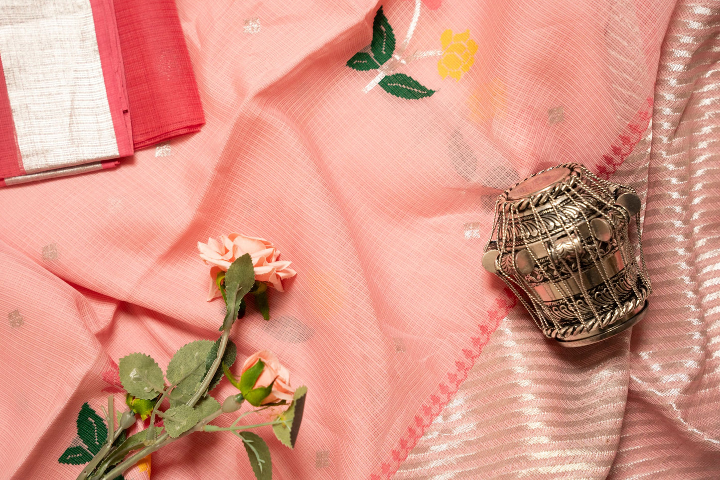 Rose Pink Zari Kota Saree with Paithani Floral