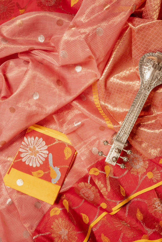 Rose Tissue Kota with Red Paithani Border