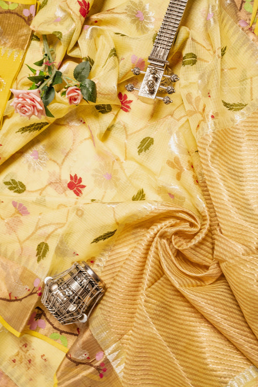 Lemon Yellow Bird Jaal Zari Kota with Paithani Border