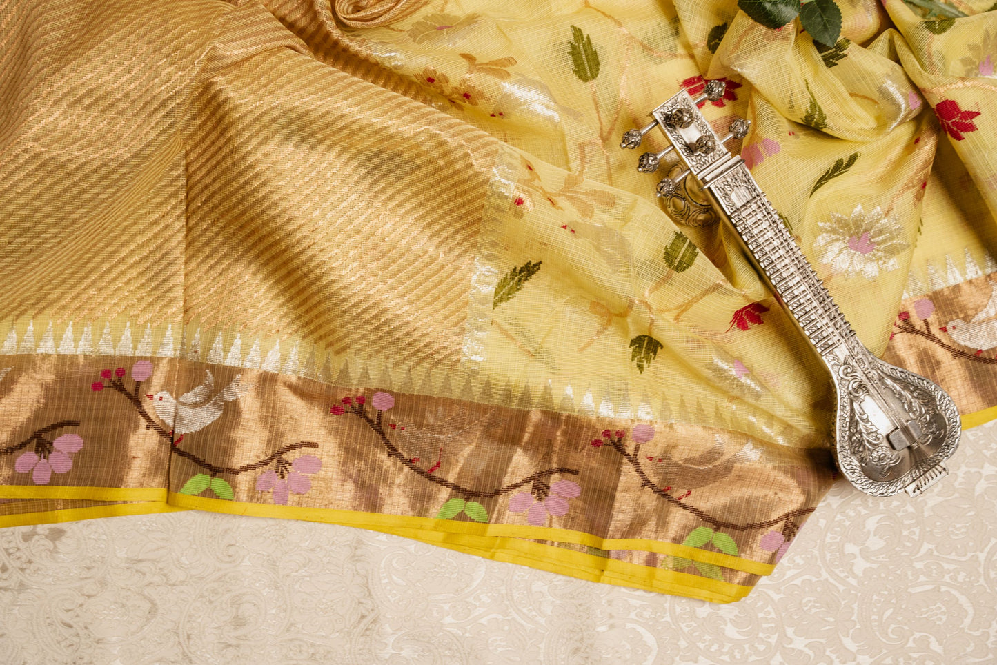 Lemon Yellow Bird Jaal Zari Kota with Paithani Border