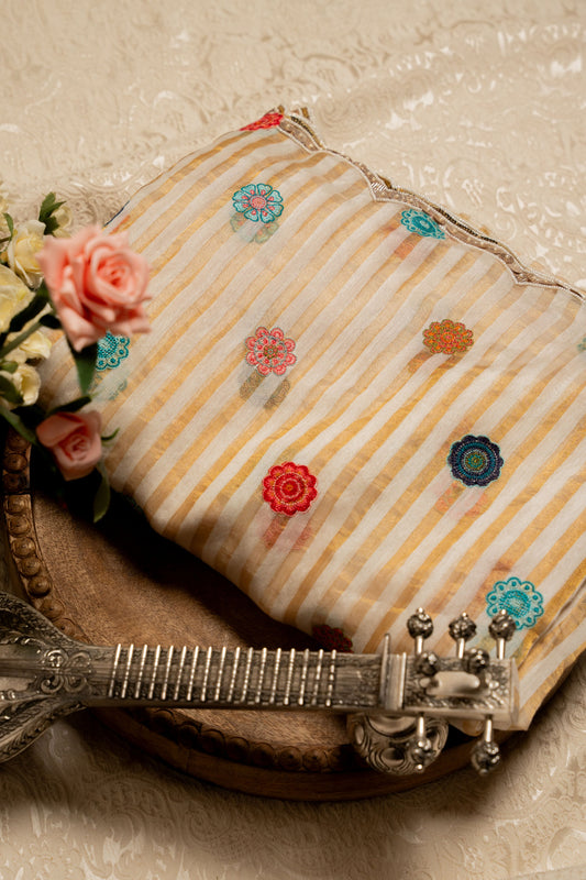Gold Stripes Tissue Chanderi Saree with Floral Embroidery
