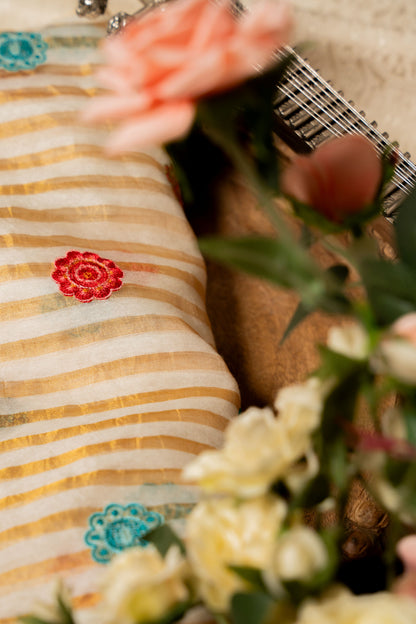 Gold Stripes Tissue Chanderi Saree with Floral Embroidery