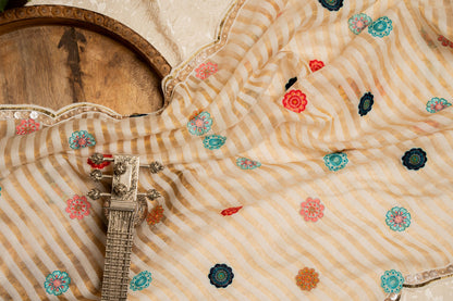 Gold Stripes Tissue Chanderi Saree with Floral Embroidery