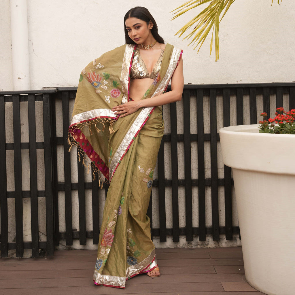 Olive Green Chanderi tissue