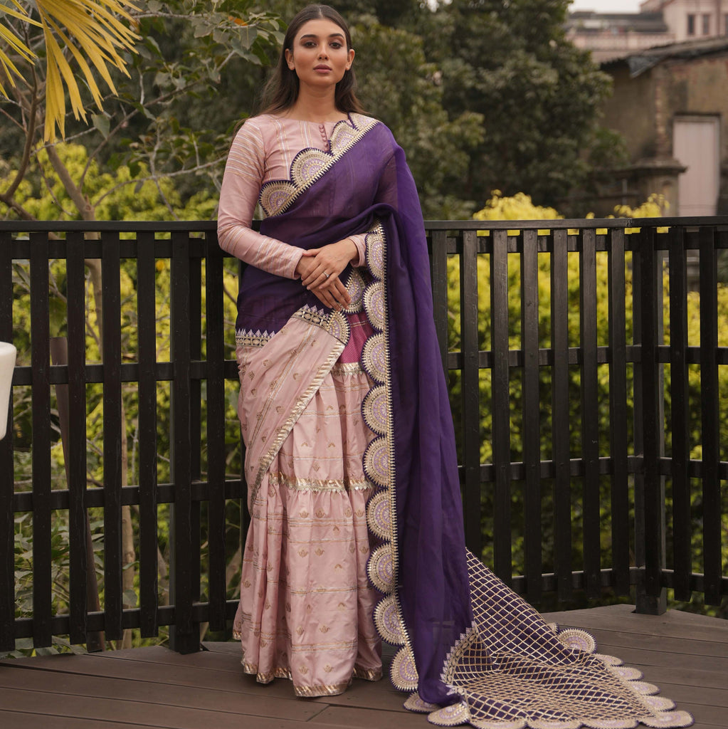 Pink and purple banarasi organza saree
