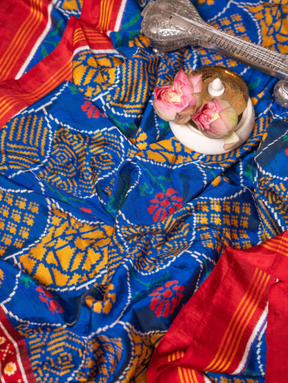 Royal Blue Yellow Ikat Patola Saree