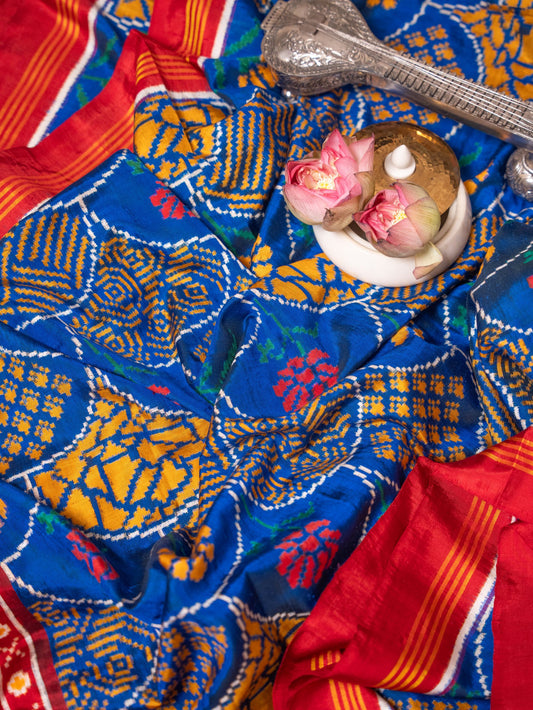 Royal Blue Yellow Ikat Patola Saree