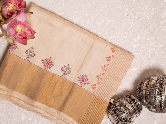 Beige Tissue Silk Saree with Colourful Kasuti Embroidery