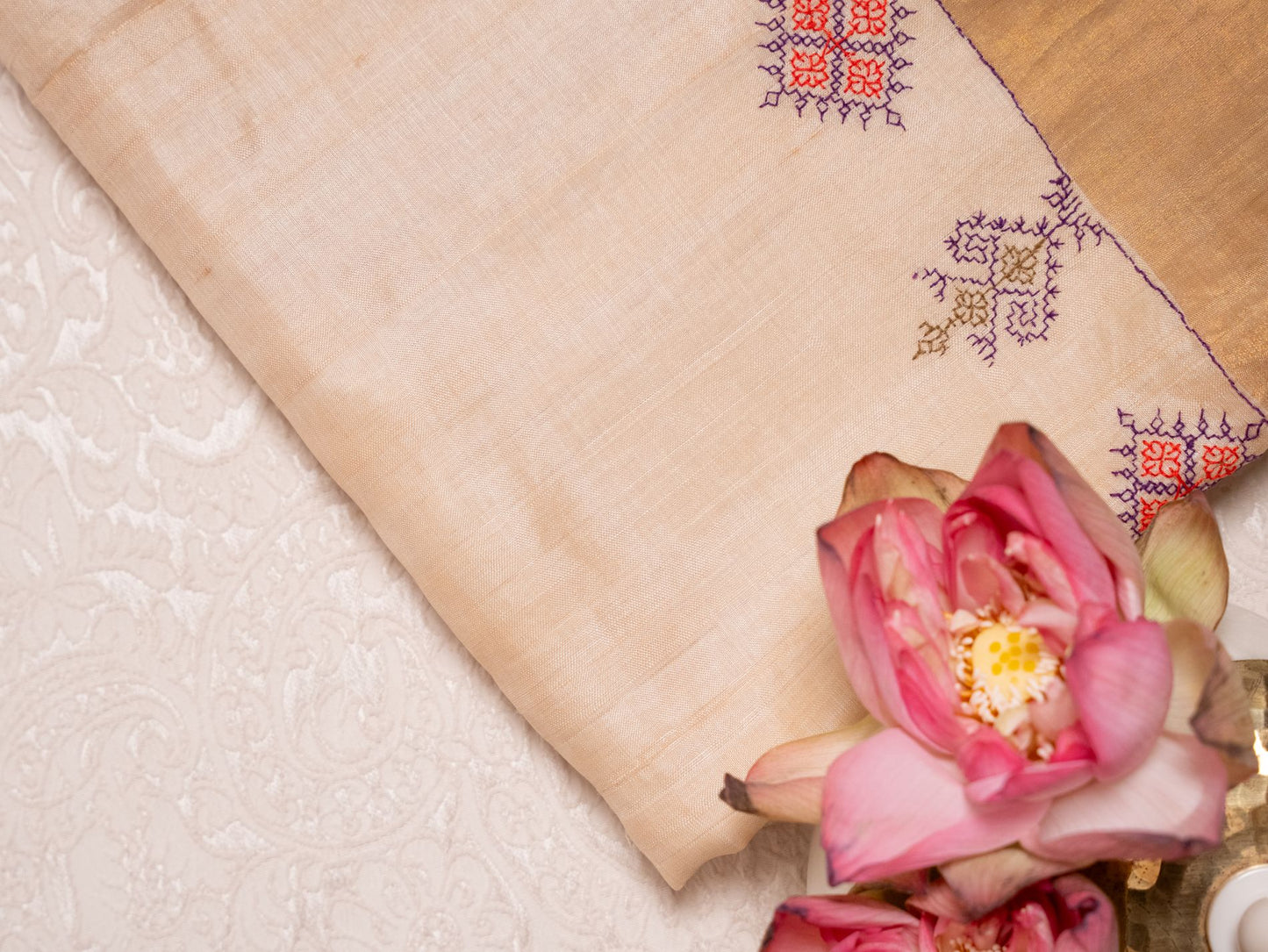 Beige Tissue Silk Saree with Colourful Kasuti Embroidery