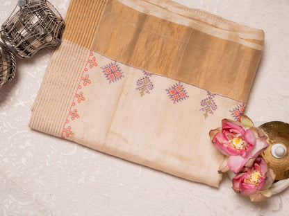 Beige Tissue Silk Saree with Colourful Kasuti Embroidery
