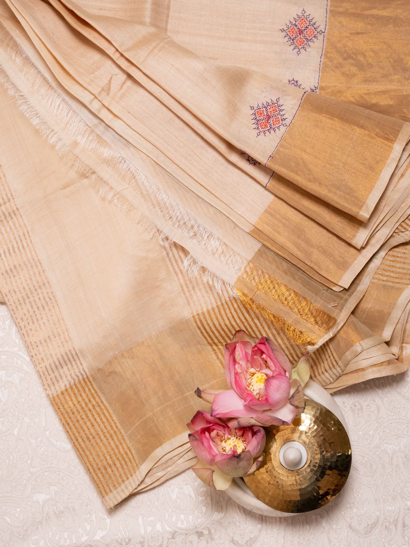 Beige Tissue Silk Saree with Colourful Kasuti Embroidery