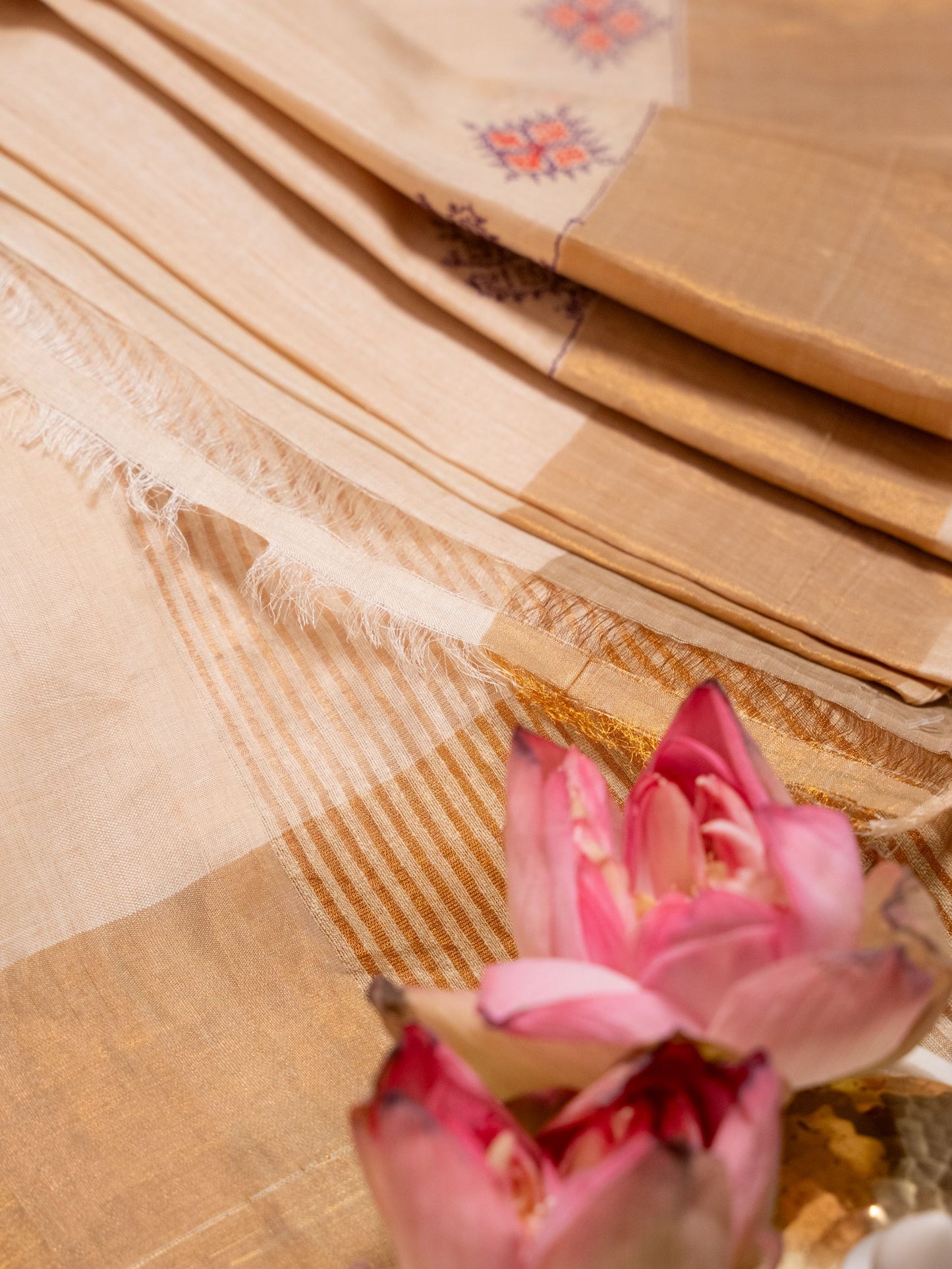 Beige Tissue Silk Saree with Colourful Kasuti Embroidery