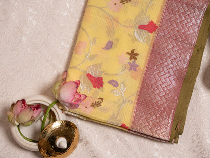 Lemon Yellow Zari Kota Saree with Paithani Floral