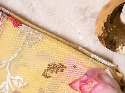 Lemon Yellow Zari Kota Saree with Paithani Floral