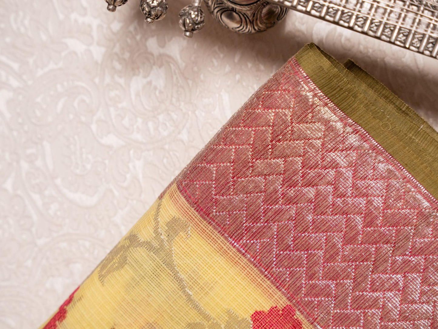 Lemon Yellow Zari Kota Saree with Paithani Floral