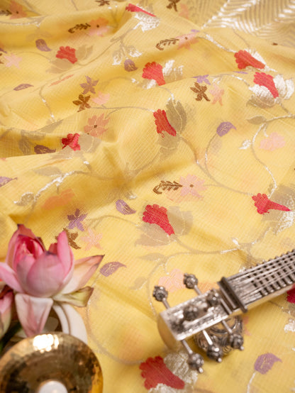 Lemon Yellow Zari Kota Saree with Paithani Floral