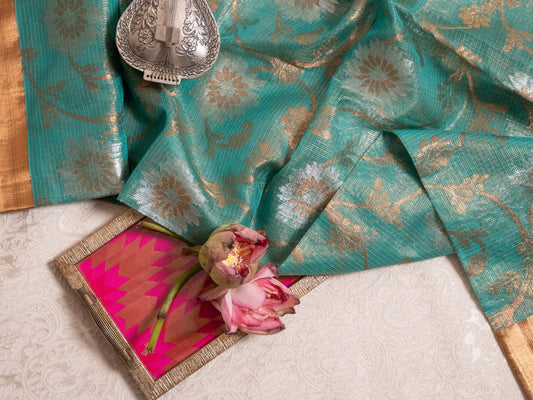 Seagreen Real Zari Tissue Kota Saree