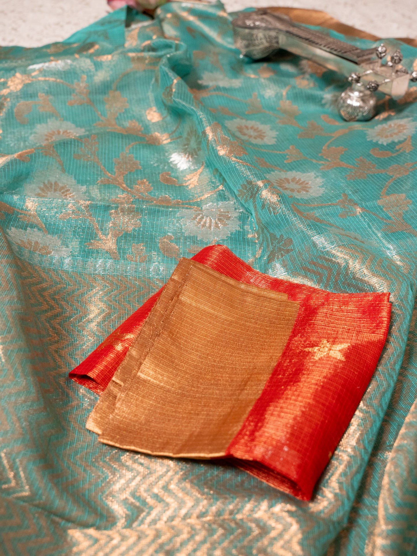 Seagreen Real Zari Tissue Kota Saree