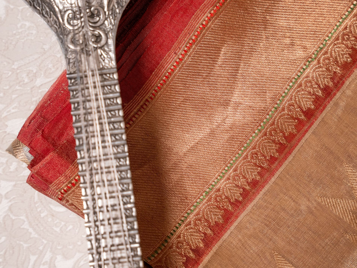 Silver and Gold Tissue Silk Saree with Rustic Orange Border